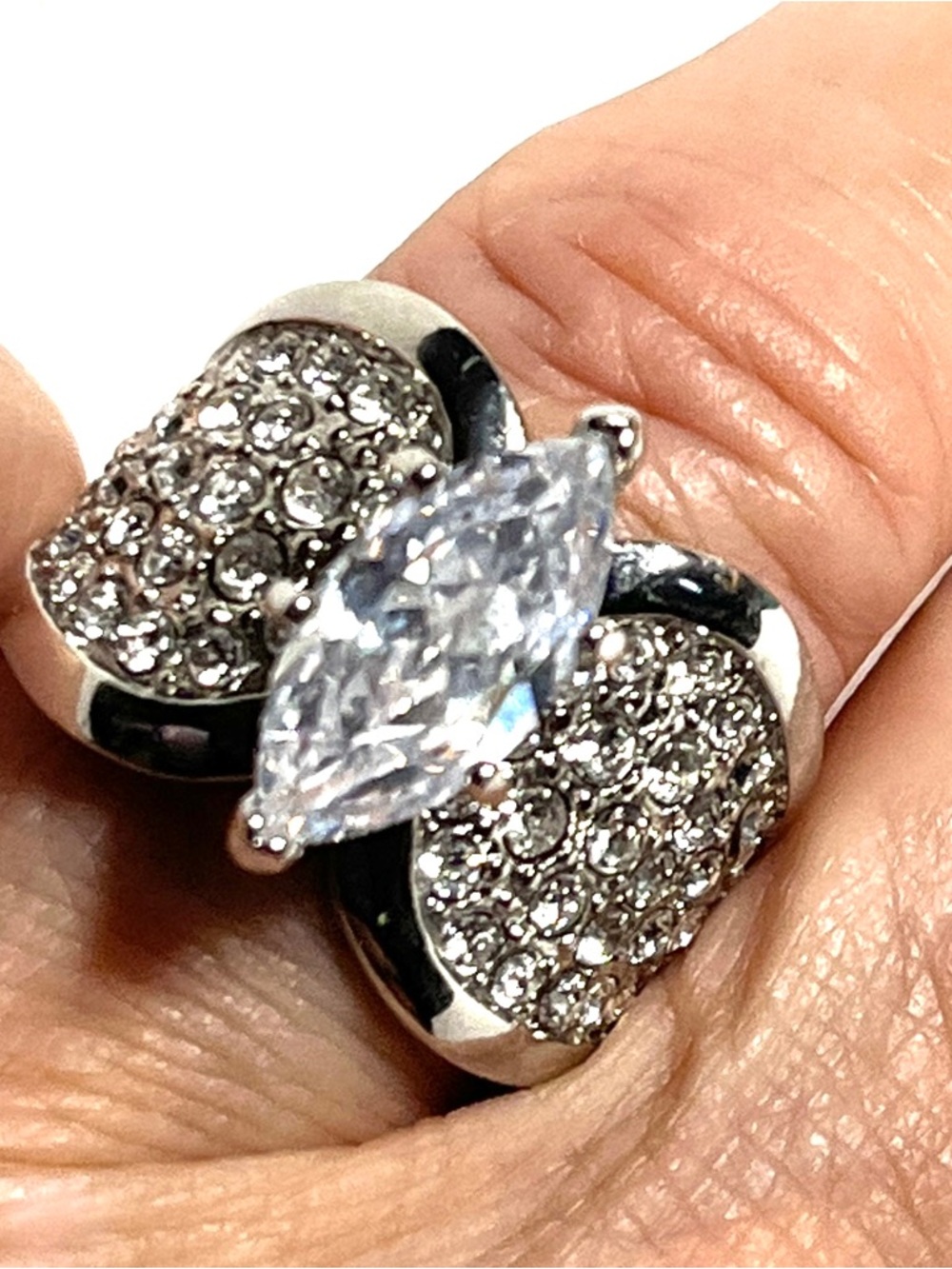 SETA Signed Silver Marquise Cut Crystal Ring Pave Crystal Accents SZ 9.5 See Pic